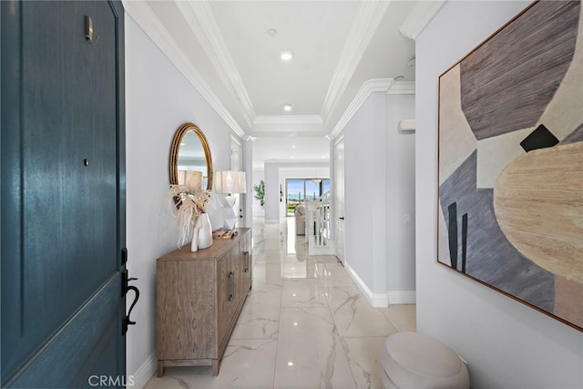 109 Chronology, Irvine, CA 92618 - hallway featuring light marble finish flooring, baseboards, crown molding, and recessed lighting