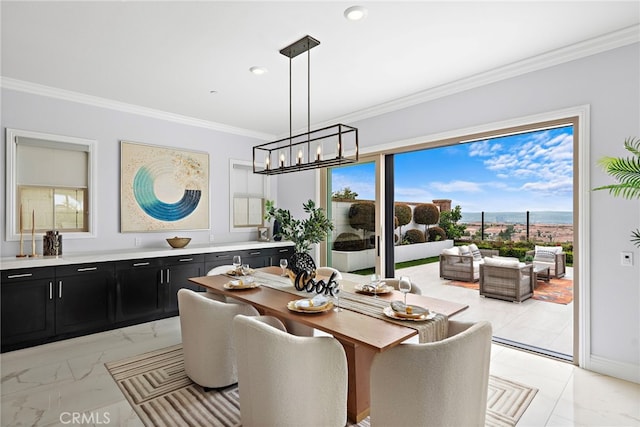 109 Chronology, Irvine, CA 92618 - dining room with ornamental molding, a chandelier, light marble finish flooring, and recessed lighting