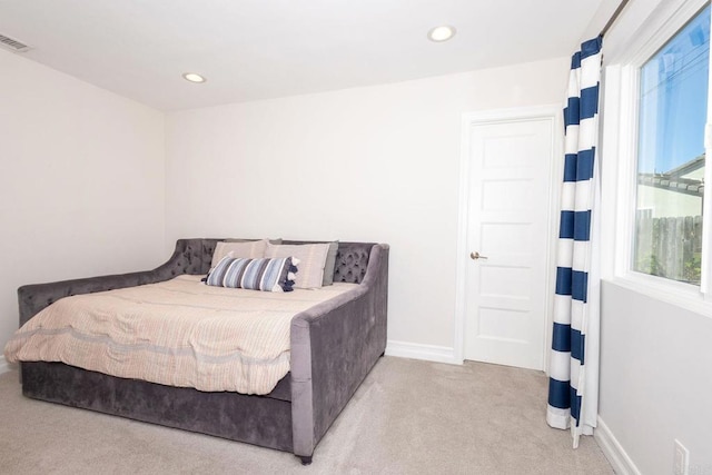 bedroom with carpet, baseboards, visible vents, and recessed lighting
