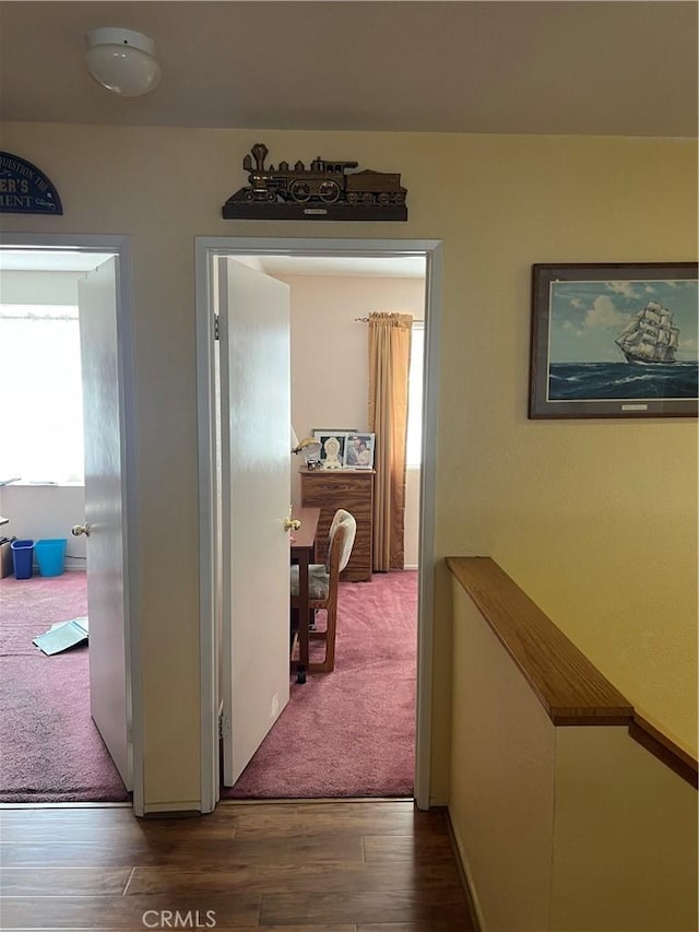 corridor featuring carpet and wood finished floors