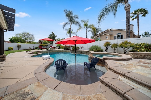 view of swimming pool with a fenced backyard, an in ground hot tub, a patio area, and a fenced in pool