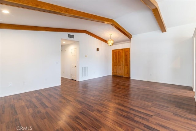 unfurnished living room with recessed lighting, dark wood-style floors, visible vents, and vaulted ceiling with beams