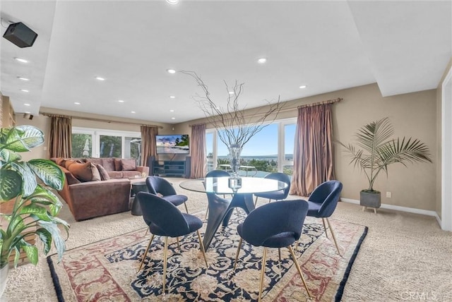 dining space featuring baseboards, recessed lighting, and carpet floors
