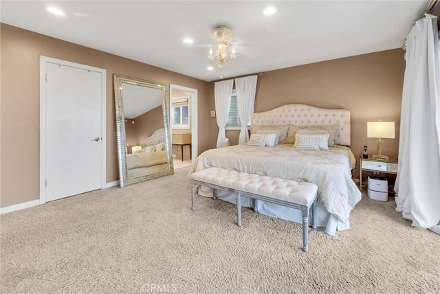 carpeted bedroom featuring baseboards and recessed lighting