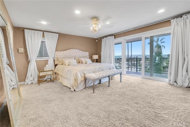 bedroom with baseboards, access to outside, recessed lighting, and carpet floors