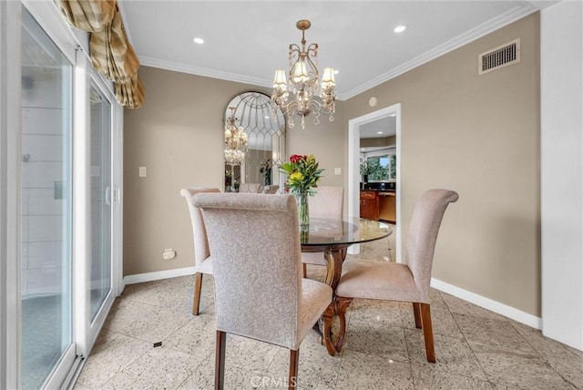 dining room featuring recessed lighting, baseboards, an inviting chandelier, visible vents, and crown molding