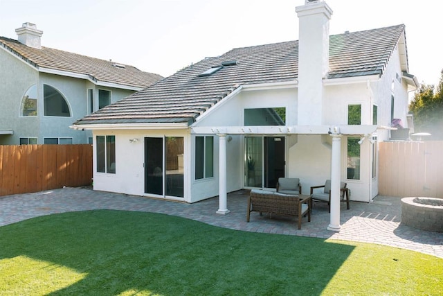14879 Heather Glen Way, San Diego, CA 92128 - rear view of property featuring a chimney, stucco siding, a patio area, and a tiled roof