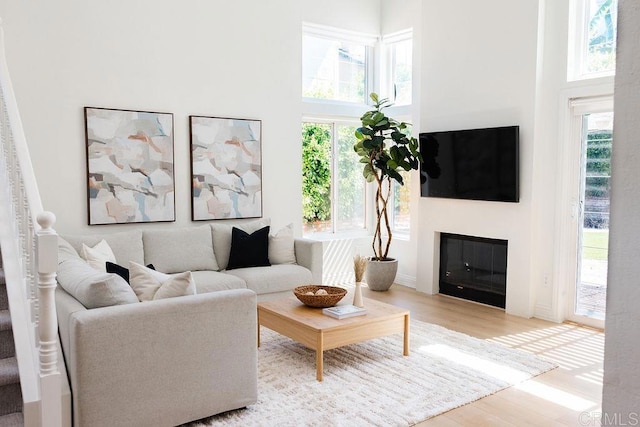 14879 Heather Glen Way, San Diego, CA 92128 - living area featuring a high ceiling, wood finished floors, and a glass covered fireplace