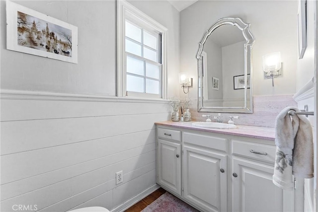 bathroom featuring vanity, wainscoting, and wood finished floors