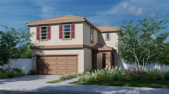 mediterranean / spanish home with a tile roof, concrete driveway, an attached garage, and stucco siding