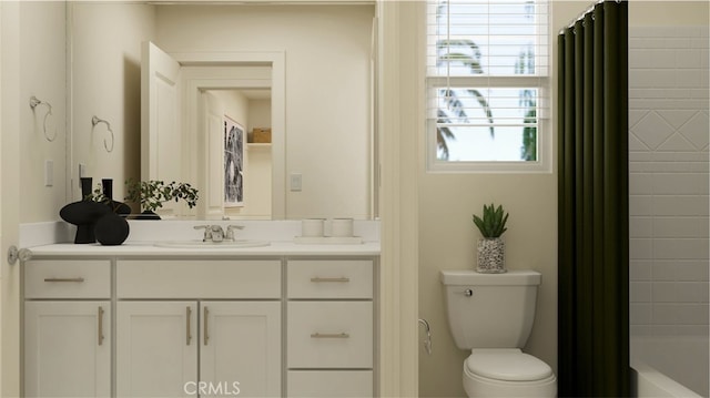 full bath featuring toilet, vanity, and shower / tub combo