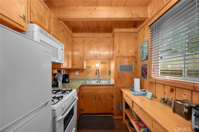 kitchen featuring wood ceiling, brown cabinets, a sink, beam ceiling, and white appliances