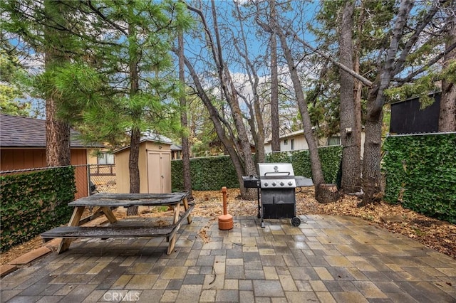 view of patio / terrace with a fenced backyard, a storage shed, a grill, and an outbuilding