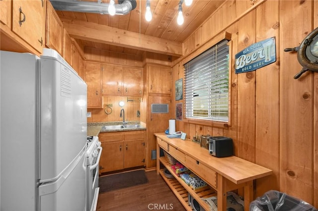 kitchen featuring a sink, white appliances, wooden ceiling, wooden walls, and dark wood-style floors