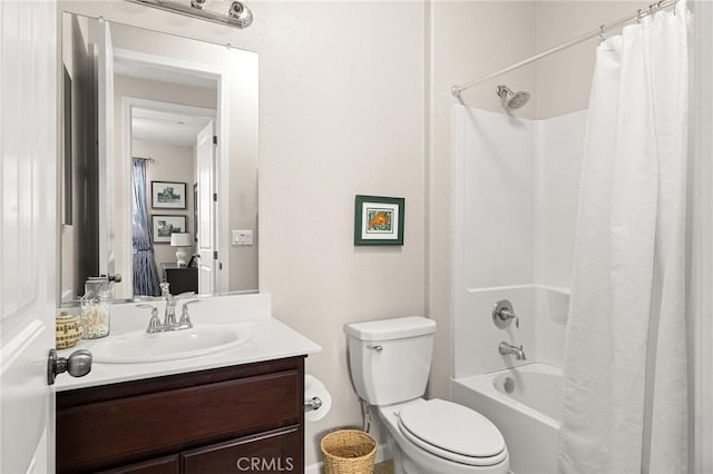 full bathroom with vanity, toilet, and shower / bathtub combination with curtain