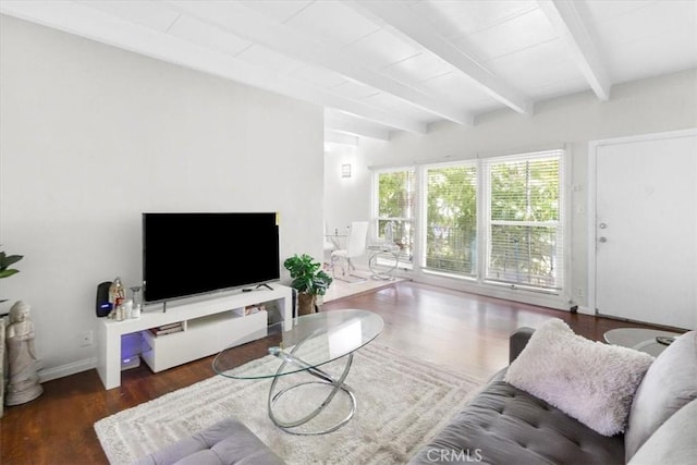 living area with baseboards, beam ceiling, and wood finished floors