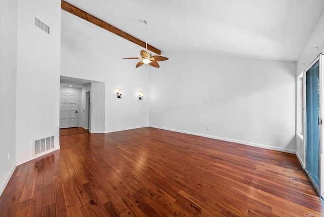 4704 Cordoba Way, Oceanside, CA 92056 - unfurnished living room featuring ceiling fan, hardwood / wood-style floors, visible vents, and vaulted ceiling with beams