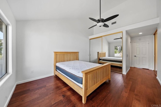 4704 Cordoba Way, Oceanside, CA 92056 - bedroom featuring baseboards, visible vents, wood finished floors, and lofted ceiling