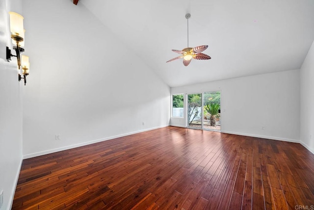 4704 Cordoba Way, Oceanside, CA 92056 - unfurnished living room with baseboards, high vaulted ceiling, ceiling fan, and dark wood-type flooring