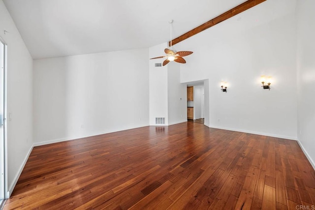 4704 Cordoba Way, Oceanside, CA 92056 - unfurnished living room with hardwood / wood-style flooring, beam ceiling, visible vents, a ceiling fan, and baseboards