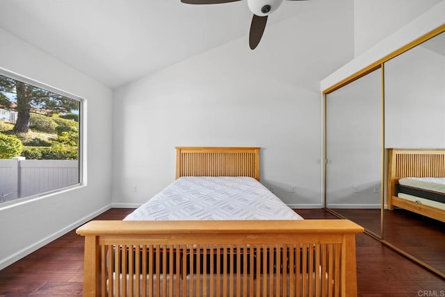 4704 Cordoba Way, Oceanside, CA 92056 - bedroom featuring lofted ceiling, a ceiling fan, a closet, baseboards, and wood finished floors