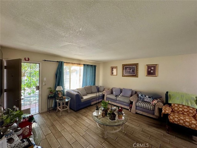 living room with a textured ceiling and wood finished floors