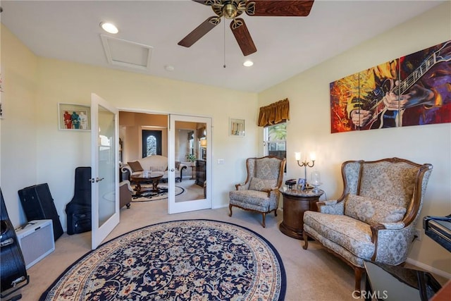 38493 Falkirk Dr, Murrieta, CA 92563 - sitting room with french doors, carpet floors, ceiling fan, and recessed lighting