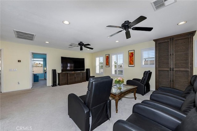 38493 Falkirk Dr, Murrieta, CA 92563 - living area featuring ceiling fan, recessed lighting, and light colored carpet