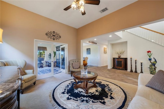 38493 Falkirk Dr, Murrieta, CA 92563 - living area featuring a ceiling fan, stairs, and recessed lighting