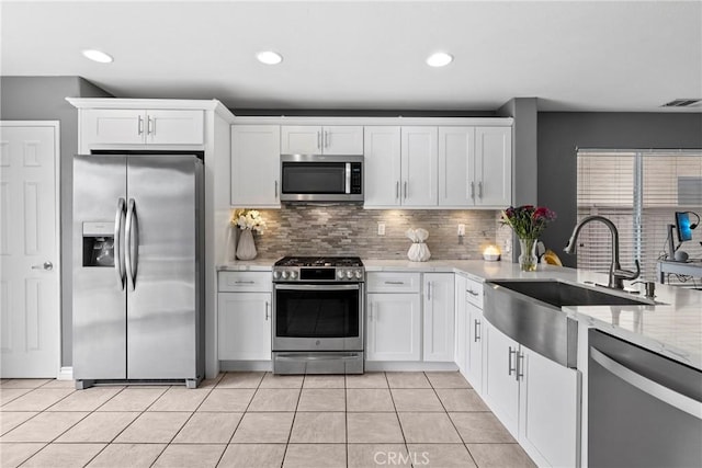 kitchen featuring a sink, stainless steel appliances, white cabinetry, visible vents, and backsplash