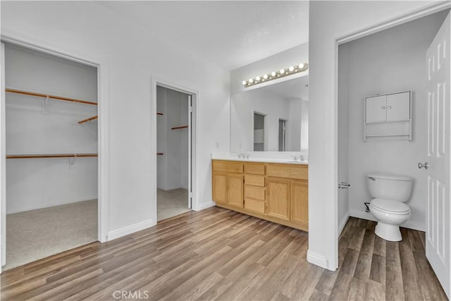 43629 Rucker Ct, Lancaster, CA 93535 - full bathroom with double vanity, toilet, wood finished floors, a sink, and a spacious closet