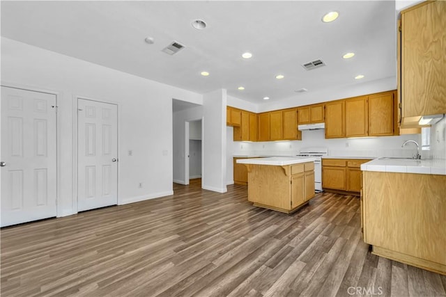 43629 Rucker Ct, Lancaster, CA 93535 - kitchen with a sink, white gas range, visible vents, under cabinet range hood, and a kitchen island