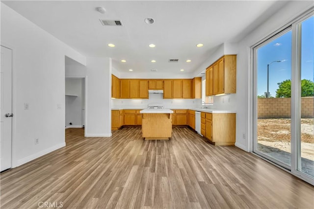 43629 Rucker Ct, Lancaster, CA 93535 - kitchen with baseboards, light countertops, light wood-type flooring, and visible vents