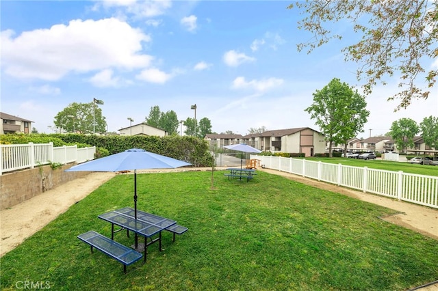 view of yard with a fenced backyard and a residential view