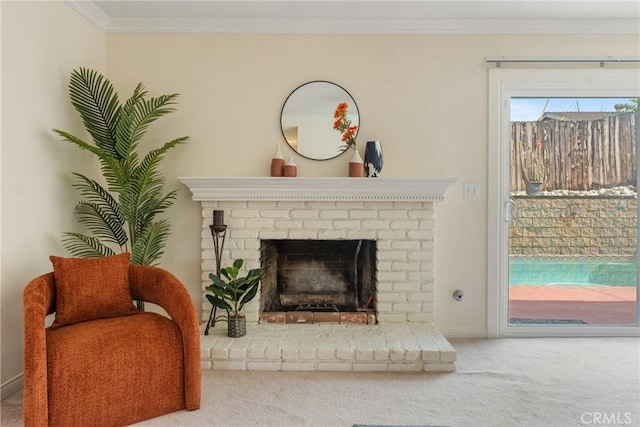 35230 San Carlos St, Yucaipa, CA 92399 - details with carpet flooring, a brick fireplace, ornamental molding, and baseboards