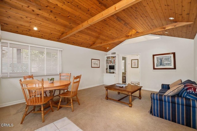 dining area featuring carpet flooring, wooden ceiling, baseboards, and vaulted ceiling with beams