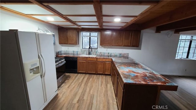 31194 Outer Highway 18 N, Running Springs, CA 92382 - kitchen featuring white refrigerator with ice dispenser, black dishwasher, a sink, light wood-style floors, and stainless steel gas stove