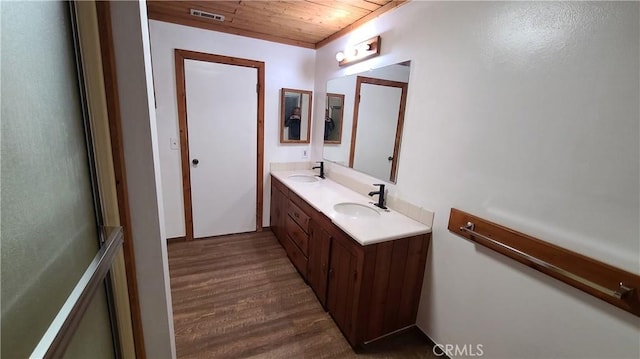 31194 Outer Highway 18 N, Running Springs, CA 92382 - bathroom with wood finished floors, wooden ceiling, and double vanity