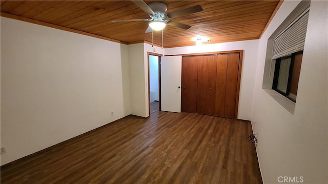31194 Outer Highway 18 N, Running Springs, CA 92382 - unfurnished bedroom featuring wooden ceiling, wood finished floors, a closet, and ceiling fan