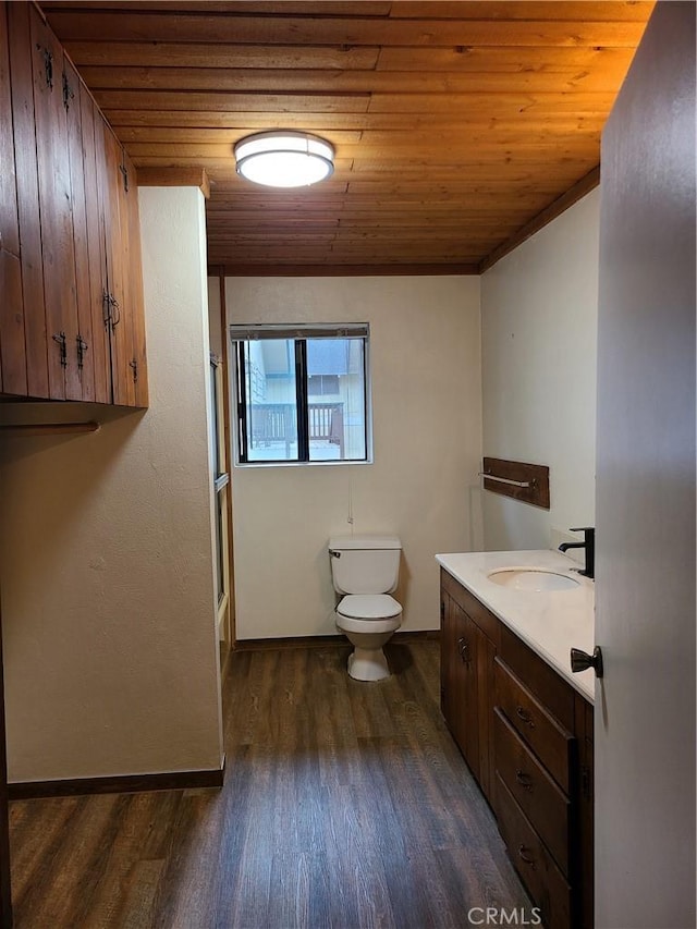 31194 Outer Highway 18 N, Running Springs, CA 92382 - full bathroom featuring wood ceiling, an enclosed shower, wood finished floors, vanity, and toilet