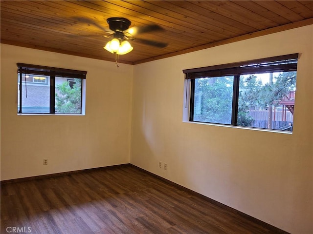 31194 Outer Highway 18 N, Running Springs, CA 92382 - spare room with wood ceiling, dark wood finished floors, ceiling fan, and baseboards