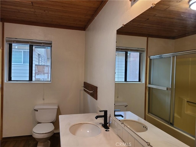 31194 Outer Highway 18 N, Running Springs, CA 92382 - bathroom featuring wooden ceiling, toilet, a shower with shower door, plenty of natural light, and vanity