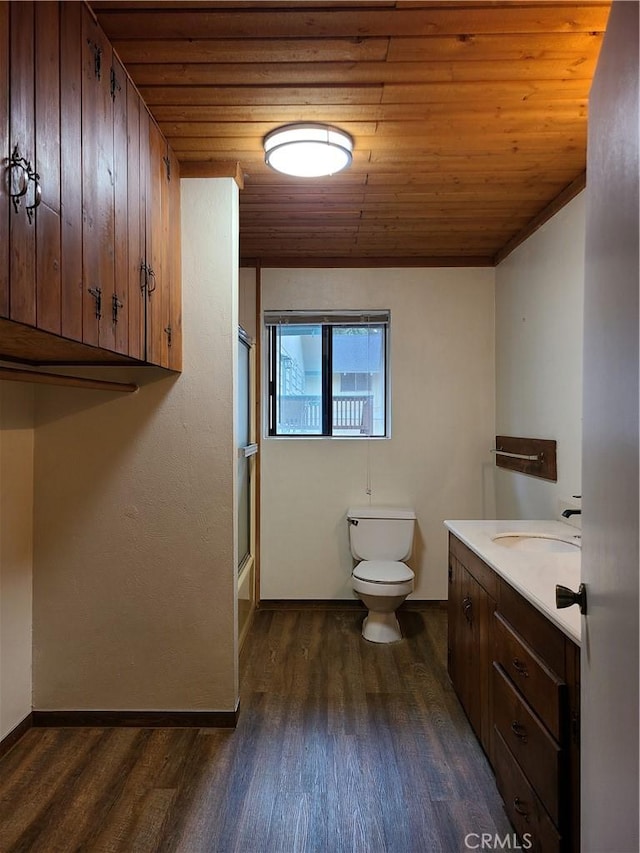 31194 Outer Highway 18 N, Running Springs, CA 92382 - full bath with wooden ceiling, wood finished floors, toilet, vanity, and baseboards