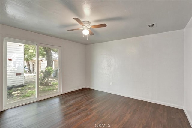 3001 N State St, San Bernardino, CA 92407 - empty room featuring baseboards, a ceiling fan, visible vents, and dark wood finished floors