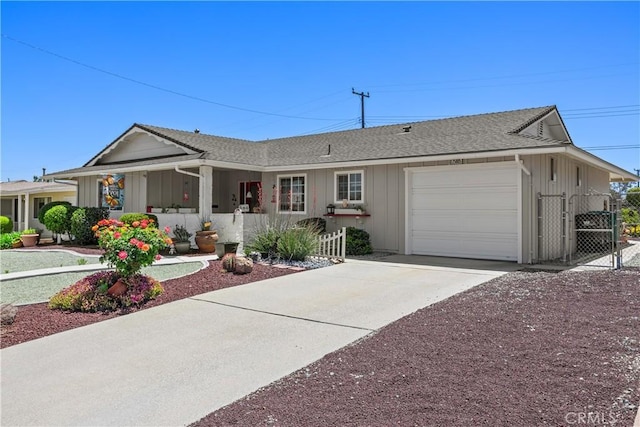 25805 Musselburgh Dr, Menifee, CA 92586 - ranch-style home featuring an attached garage, board and batten siding, driveway, fence, and roof with shingles