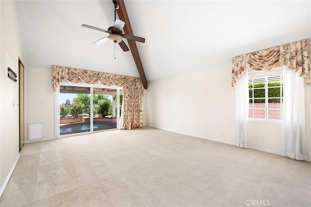 1206 Arno Dr, Sierra Madre, CA 91024 - unfurnished living room with carpet, a ceiling fan, beam ceiling, high vaulted ceiling, and baseboards