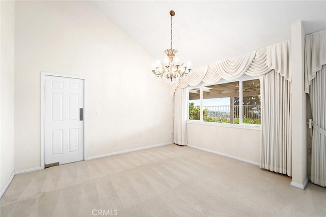 1206 Arno Dr, Sierra Madre, CA 91024 - empty room featuring a chandelier, carpet flooring, baseboards, and high vaulted ceiling