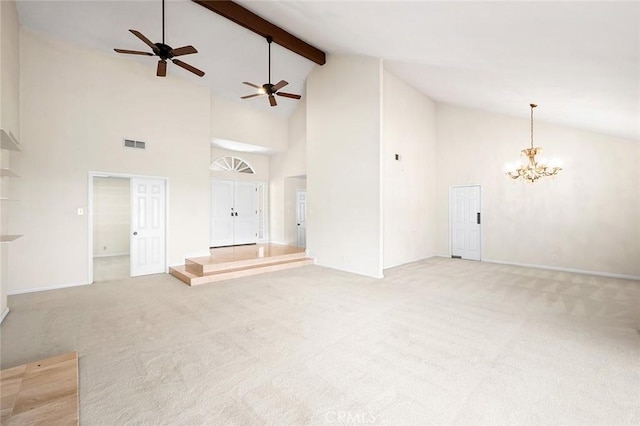 1206 Arno Dr, Sierra Madre, CA 91024 - unfurnished living room featuring high vaulted ceiling, a chandelier, a ceiling fan, light carpet, and beam ceiling