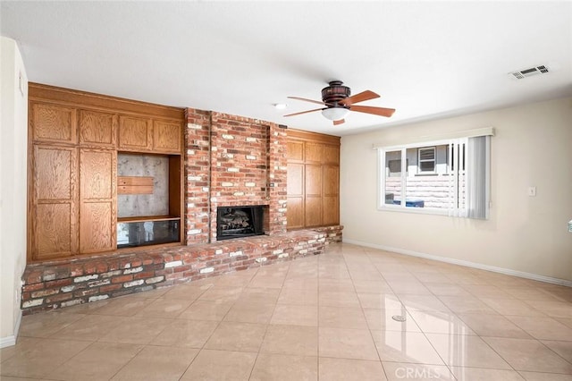 1206 Arno Dr, Sierra Madre, CA 91024 - unfurnished living room with baseboards, ceiling fan, light tile patterned floors, and a brick fireplace