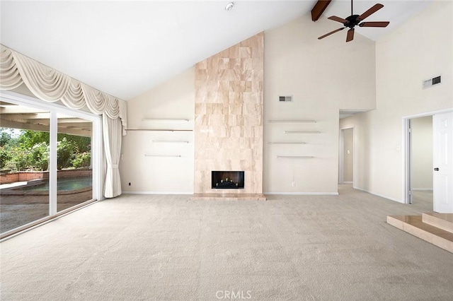 1206 Arno Dr, Sierra Madre, CA 91024 - unfurnished living room featuring high vaulted ceiling, a ceiling fan, carpet, a tiled fireplace, and beamed ceiling
